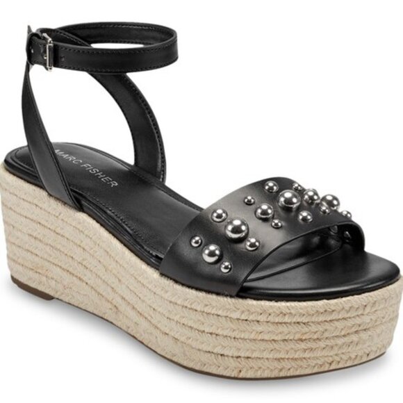 Marc Fisher NEW black studded Espadrille Platform Sandal w ankle straps size 8.5 - Picture 1 of 9